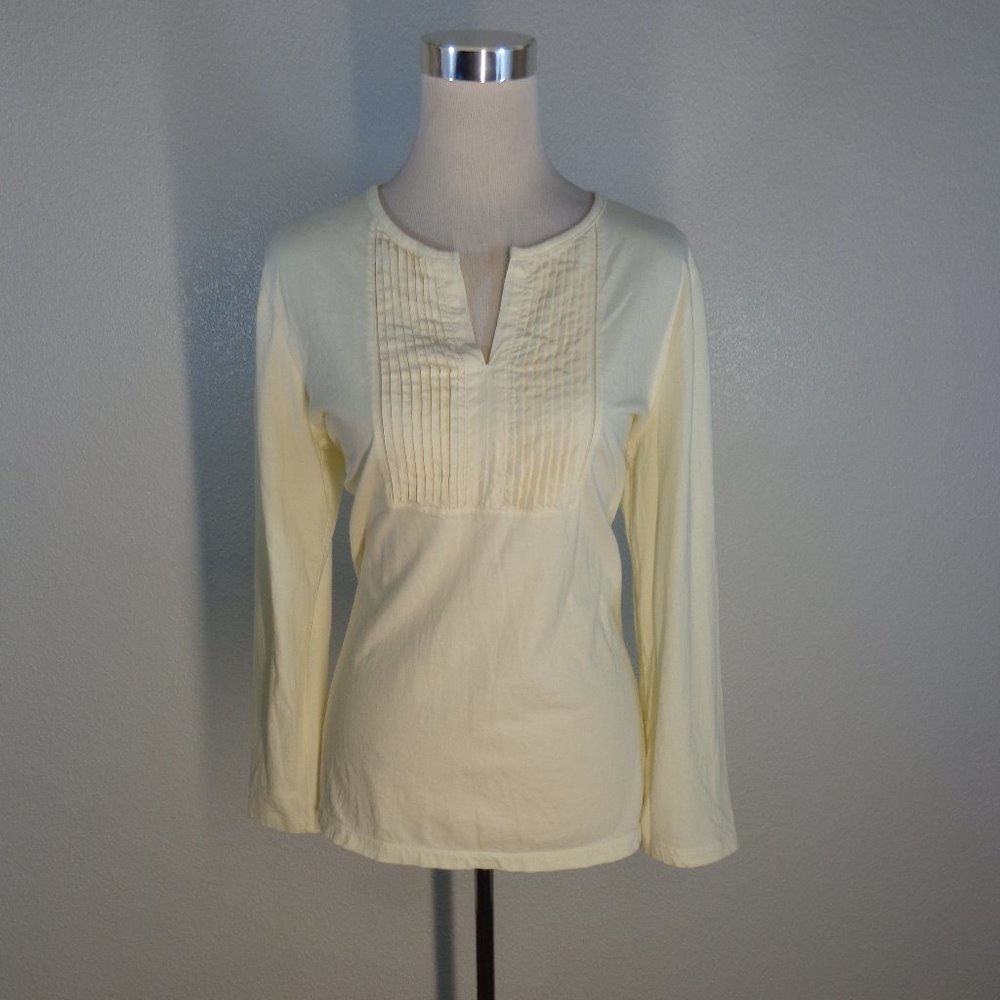 J. Jill Shirt Womens sz MP Pintuck Split neck long sleeve cotton shirt top beige